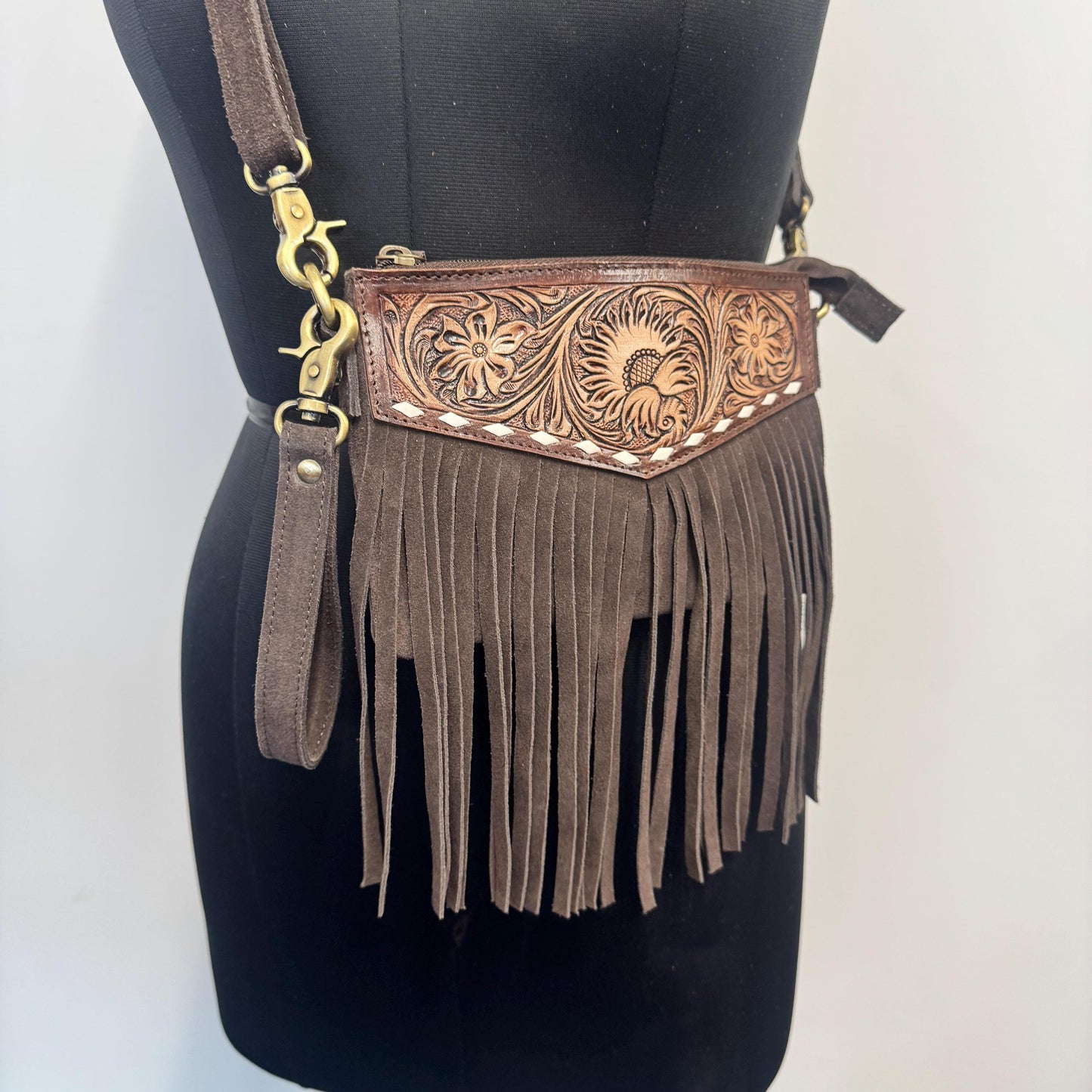 Hand Carved Leather and Suede Fringed Crossbody Wrist Clutch Bag - JayKayBoutiqueOnline