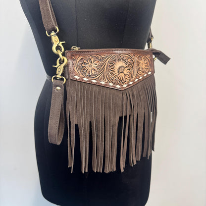 Hand Carved Leather and Suede Fringed Crossbody Wrist Clutch Bag - JayKayBoutiqueOnline