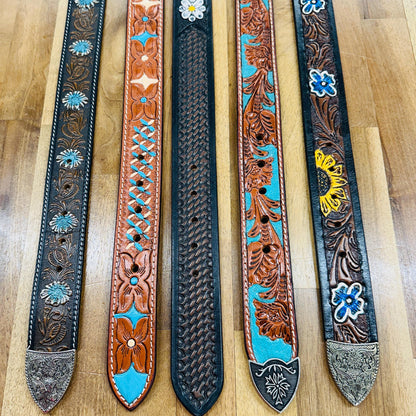 HandTooled Leather Belts | Western Leather Belt | CowGirl Belt | Cowboy Belt | Big Buckle Belt | Coyote Ugly Belt | Tan Belt | Brown Belt | - JayKayBoutiqueOnline