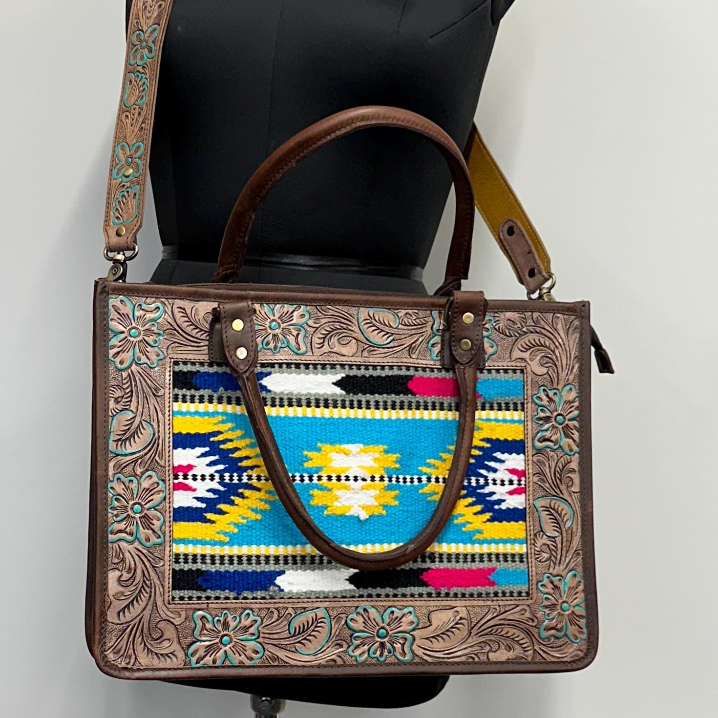 Western Style Leather Tote Saddle Blanket panel Bag - JayKayBoutiqueOnline