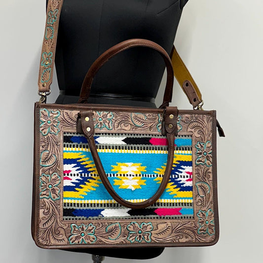 Western Style Leather Tote Saddle Blanket panel Bag - JayKayBoutiqueOnline