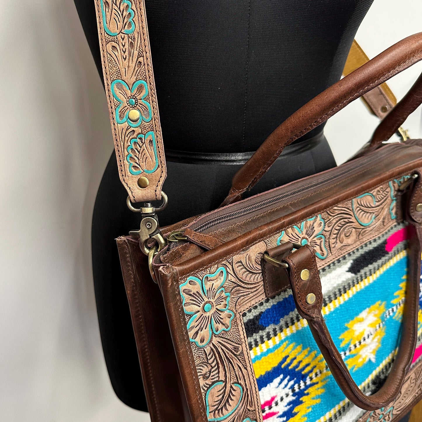 Hand Tooled Leather Laptop Tote Briefcase Kilim Blanket Bag - JayKayBoutiqueOnline