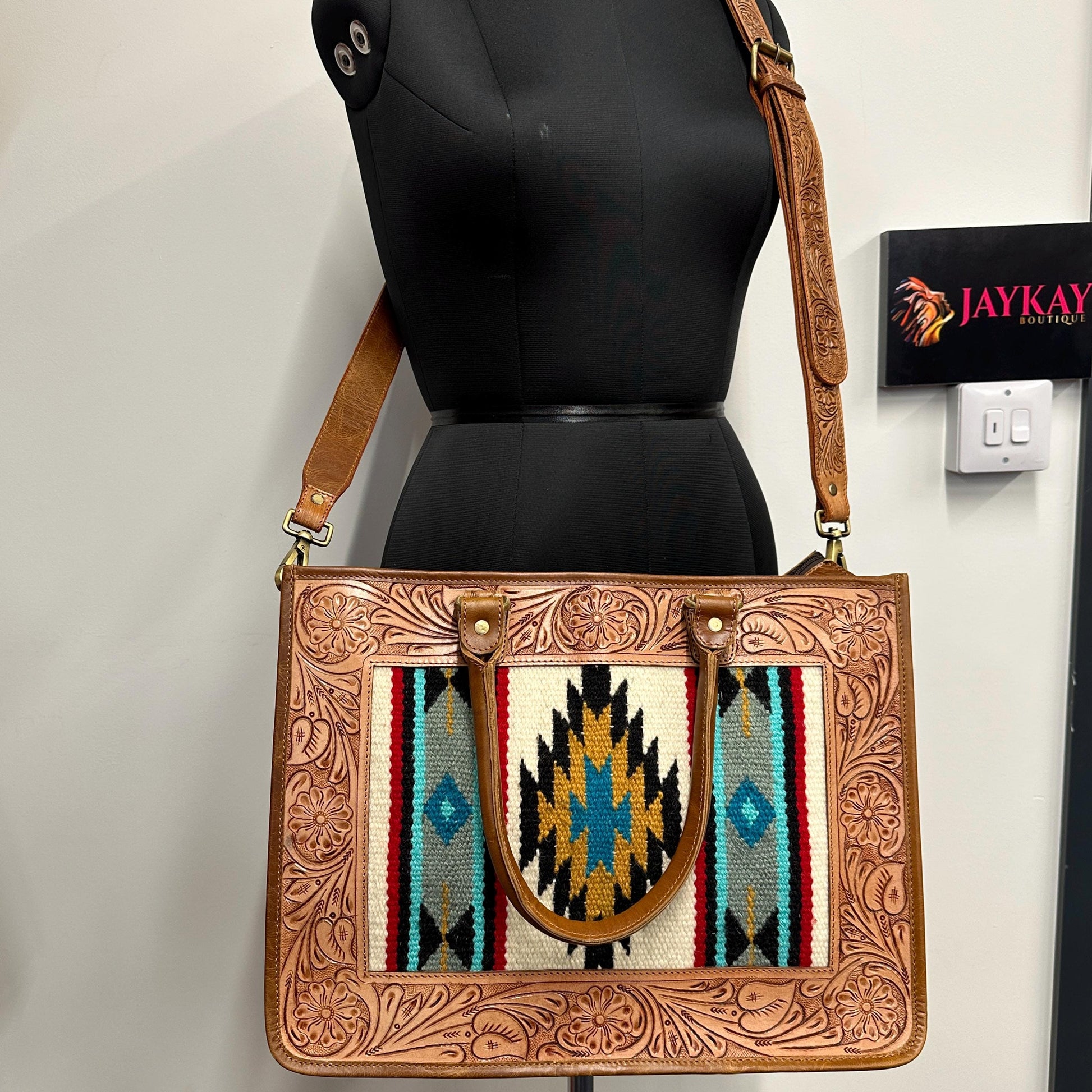 Western Style Leather Tote Saddle Blanket panel Bag - JayKayBoutiqueOnline