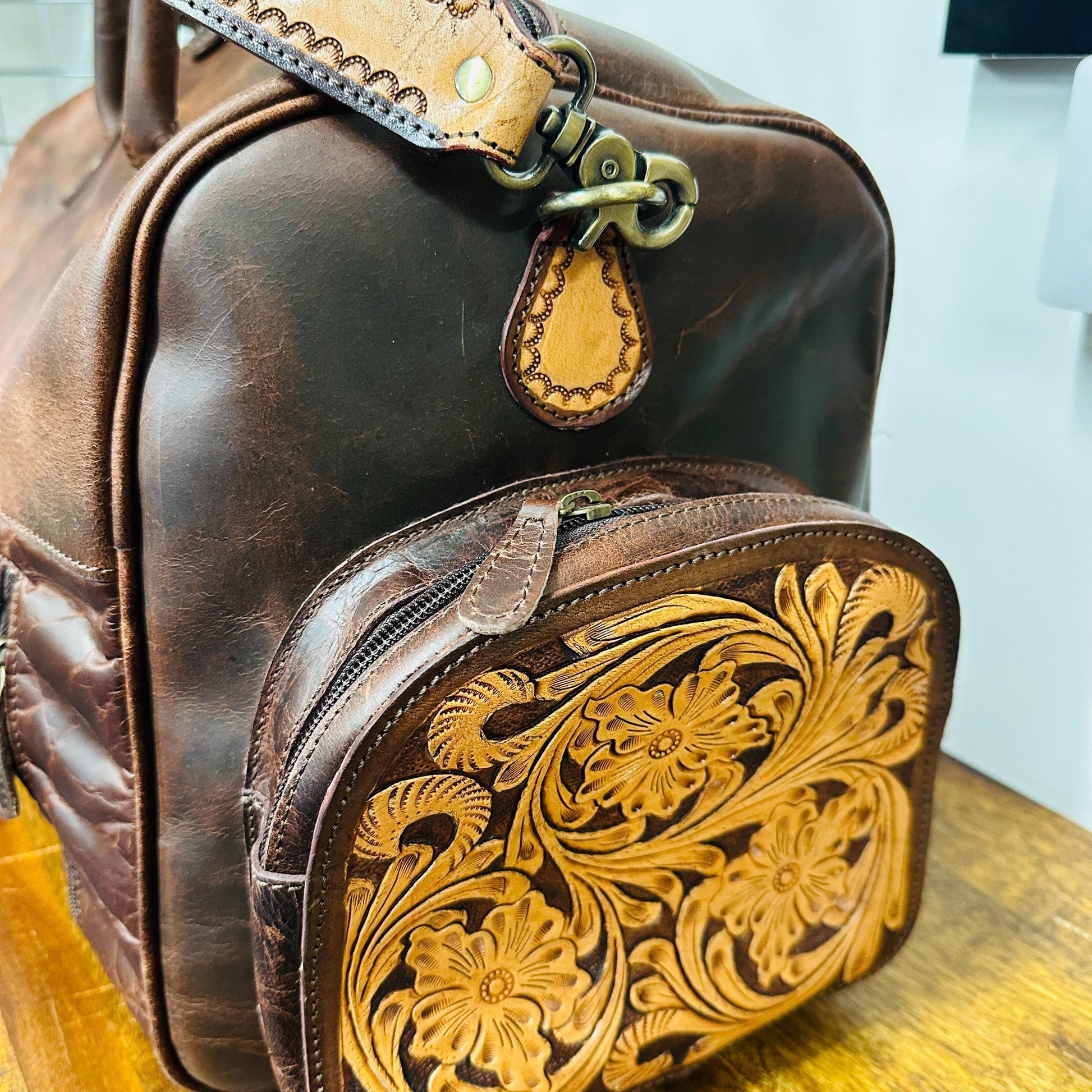 Hand Carved Leather XL Duffel Bag - JayKayBoutiqueOnline