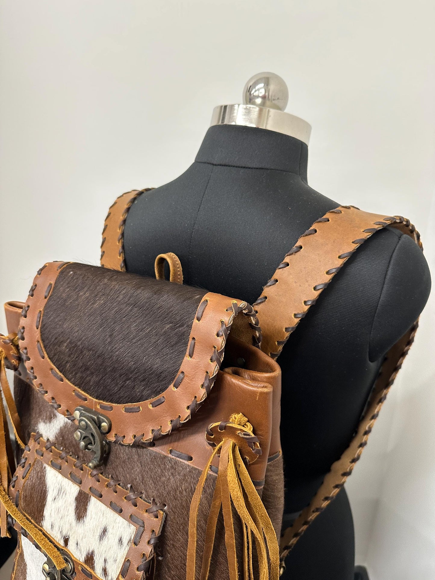 Hand Crafted Leather Backpack with Cowhide - JayKayBoutiqueOnline