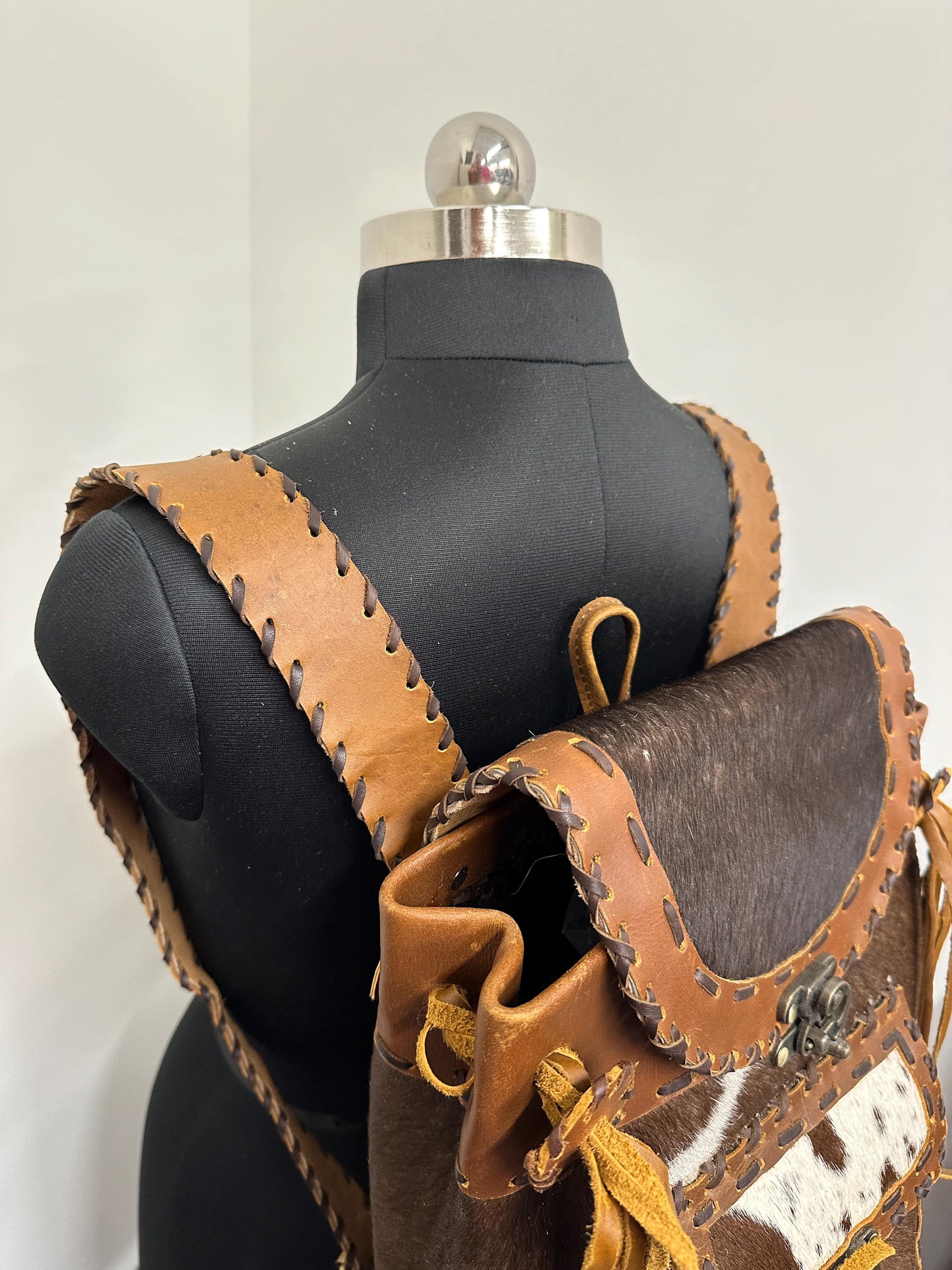 Hand Crafted Leather Backpack with Cowhide - JayKayBoutiqueOnline