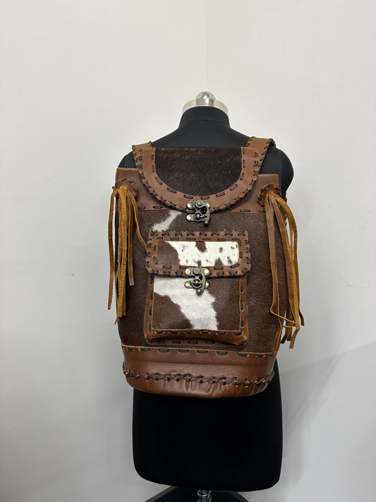 Hand Crafted Leather Backpack with Cowhide - JayKayBoutiqueOnline