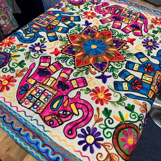Elephant Floral Hand Embroidered Tablecloth - JayKayBoutiqueOnline