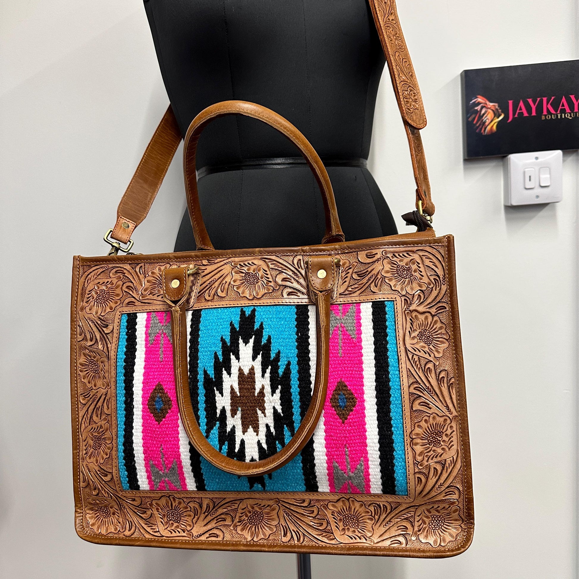 Hand Tooled Leather Laptop Tote Briefcase Kilim Blanket Bag - JayKayBoutiqueOnline