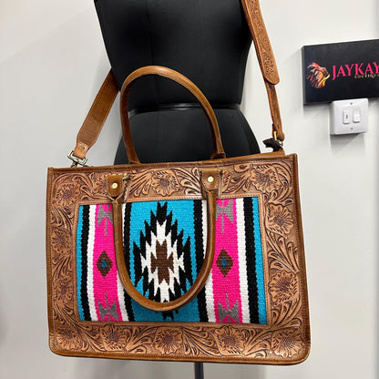 Hand Tooled Leather Laptop Tote Briefcase Kilim Blanket Bag - JayKayBoutiqueOnline