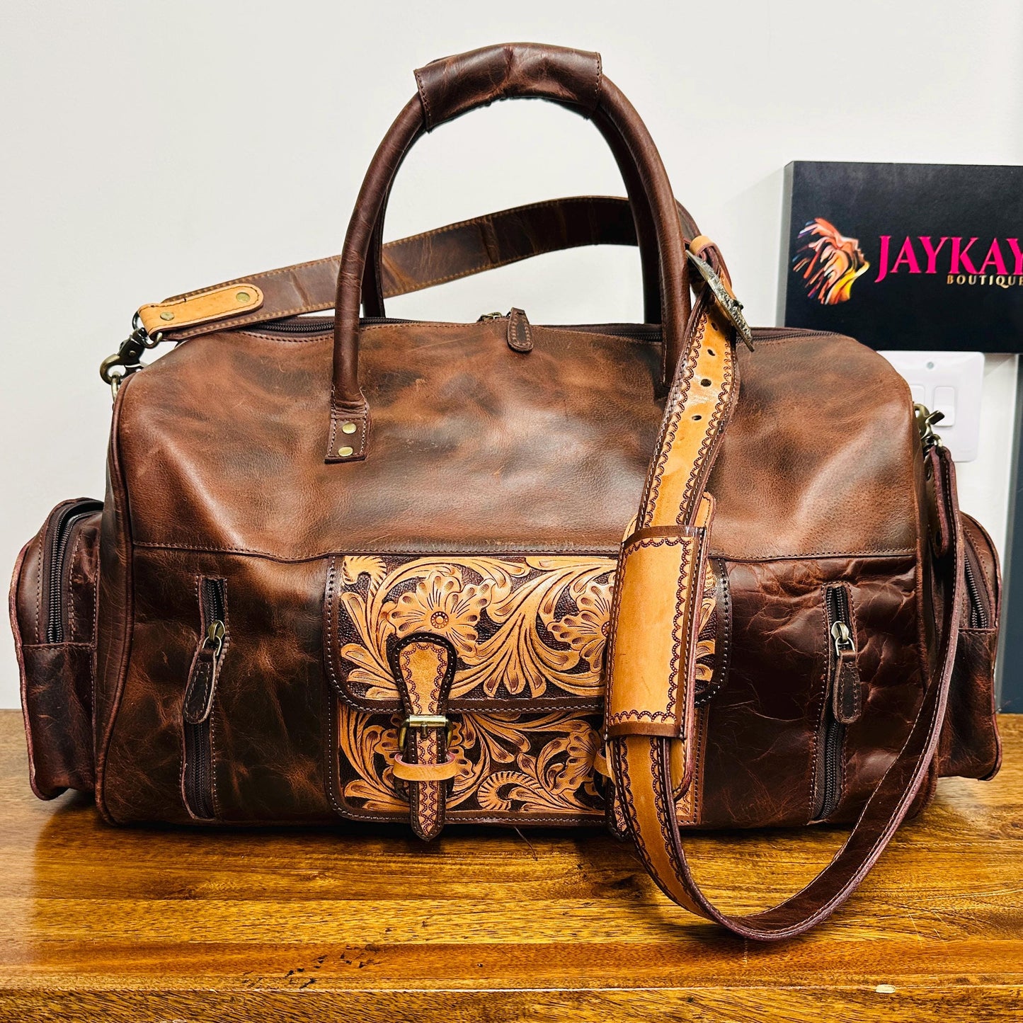 Western Style Leather Duffel | Weekender Travel Bag | Hand Tooled Leather Duffel | Leather Gym Bag | Large Weekender Bag | Valentines Gift | - JayKayBoutiqueOnline