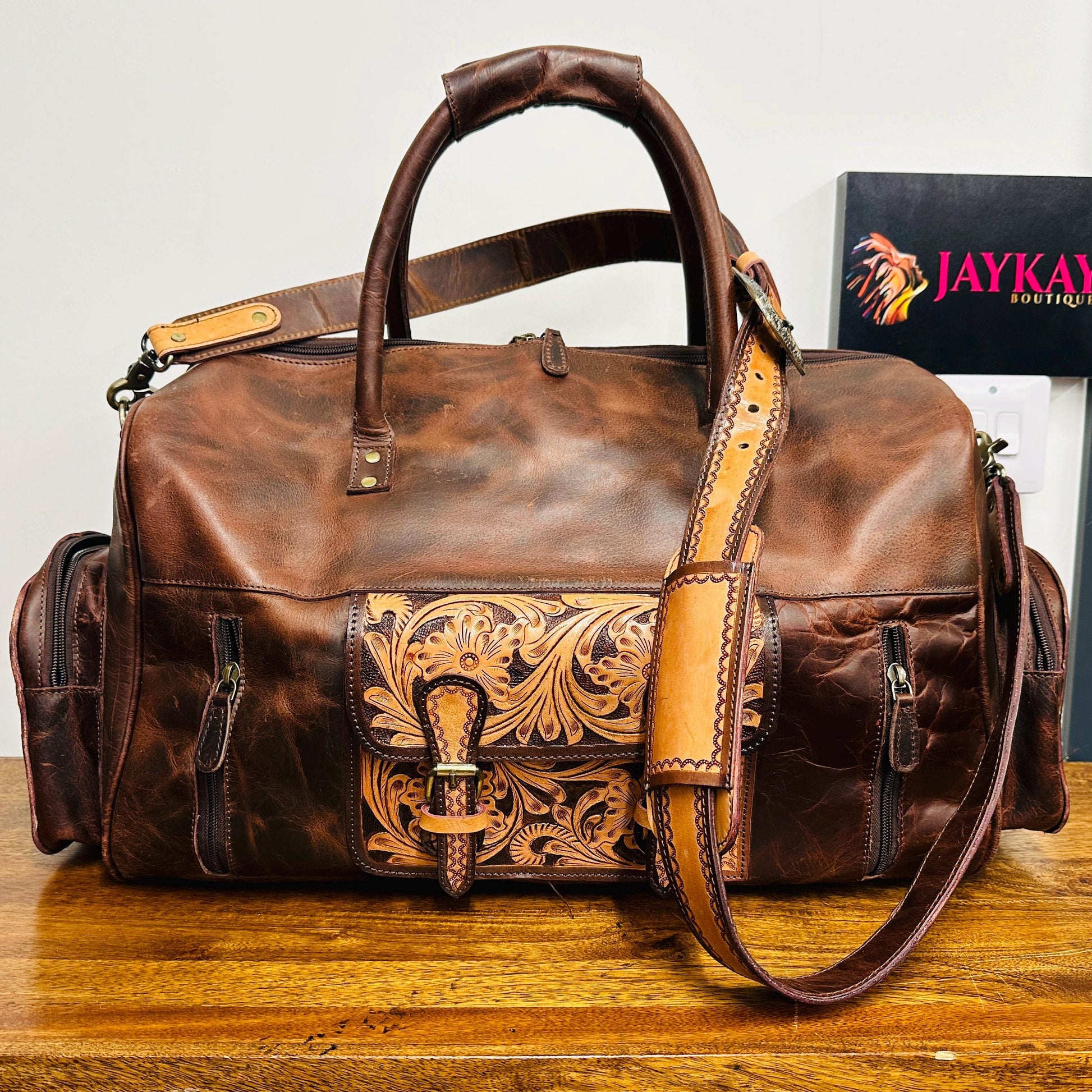 Western Style Leather Duffel | Weekender Travel Bag | Hand Tooled Leather Duffel | Leather Gym Bag | Large Weekender Bag | Valentines Gift | - JayKayBoutiqueOnline
