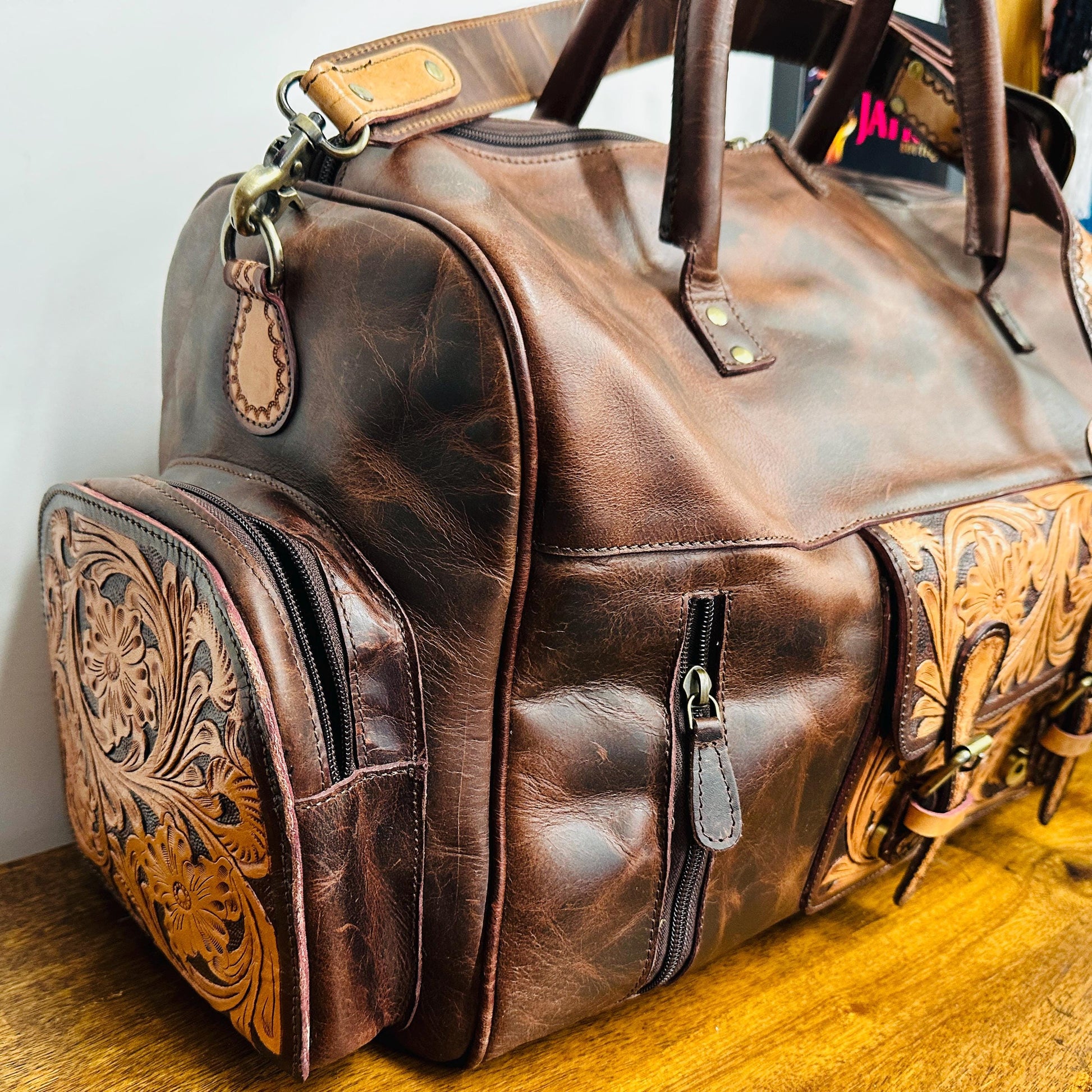 Western Style Leather Duffel | Weekender Travel Bag | Hand Tooled Leather Duffel | Leather Gym Bag | Large Weekender Bag | Valentines Gift | - JayKayBoutiqueOnline