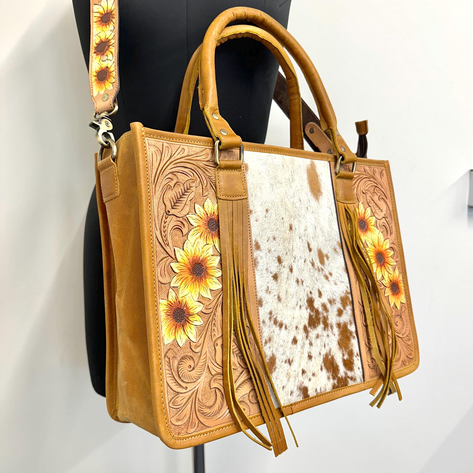 Leather Tote Sunflower hand tooled with hair on - JayKayBoutiqueOnline