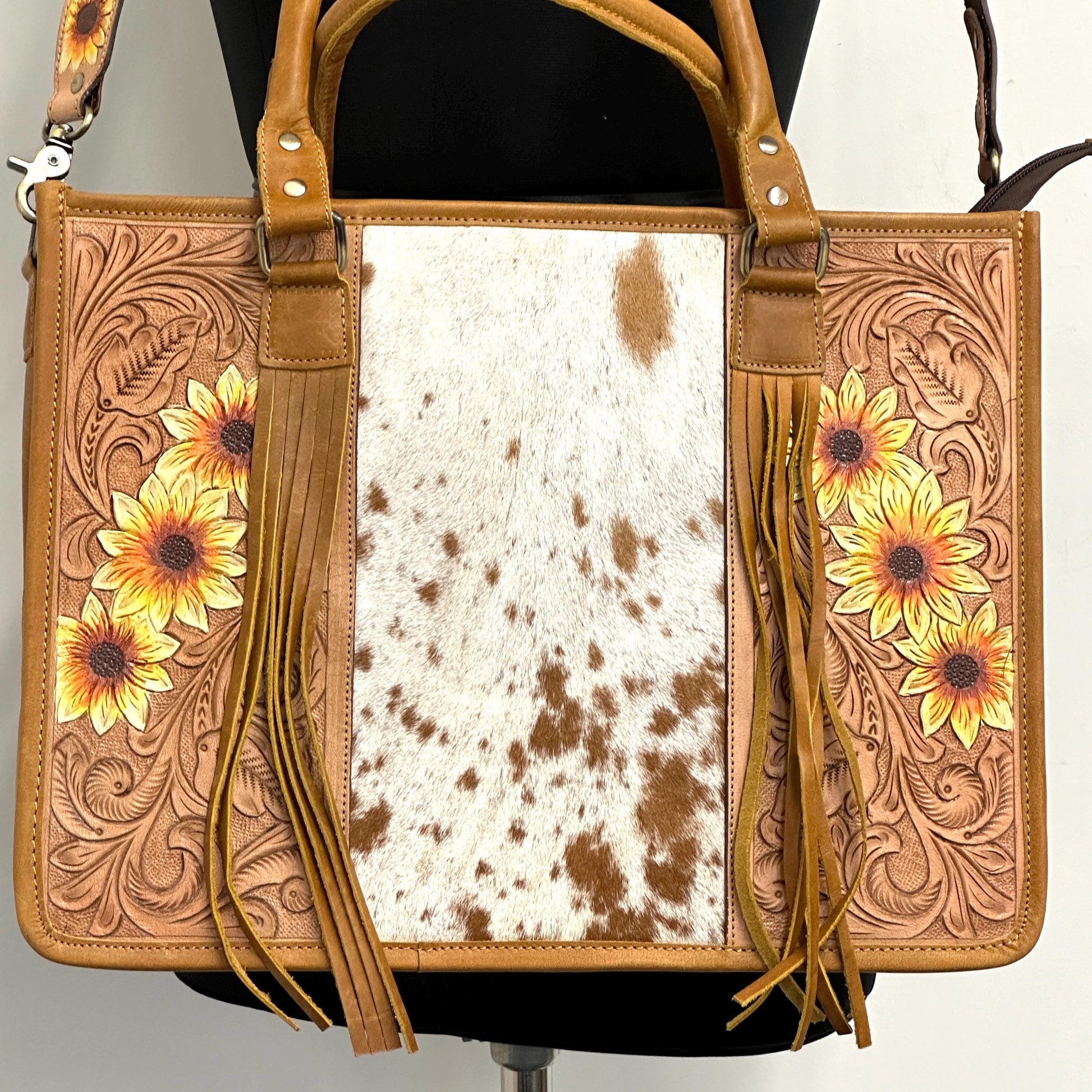 Hand Tooled Leather Tote Bag with Cowhide - JayKayBoutiqueOnline