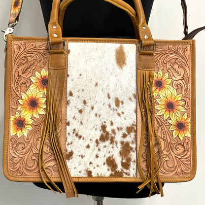 Hand Tooled Leather Tote Bag with Cowhide - JayKayBoutiqueOnline