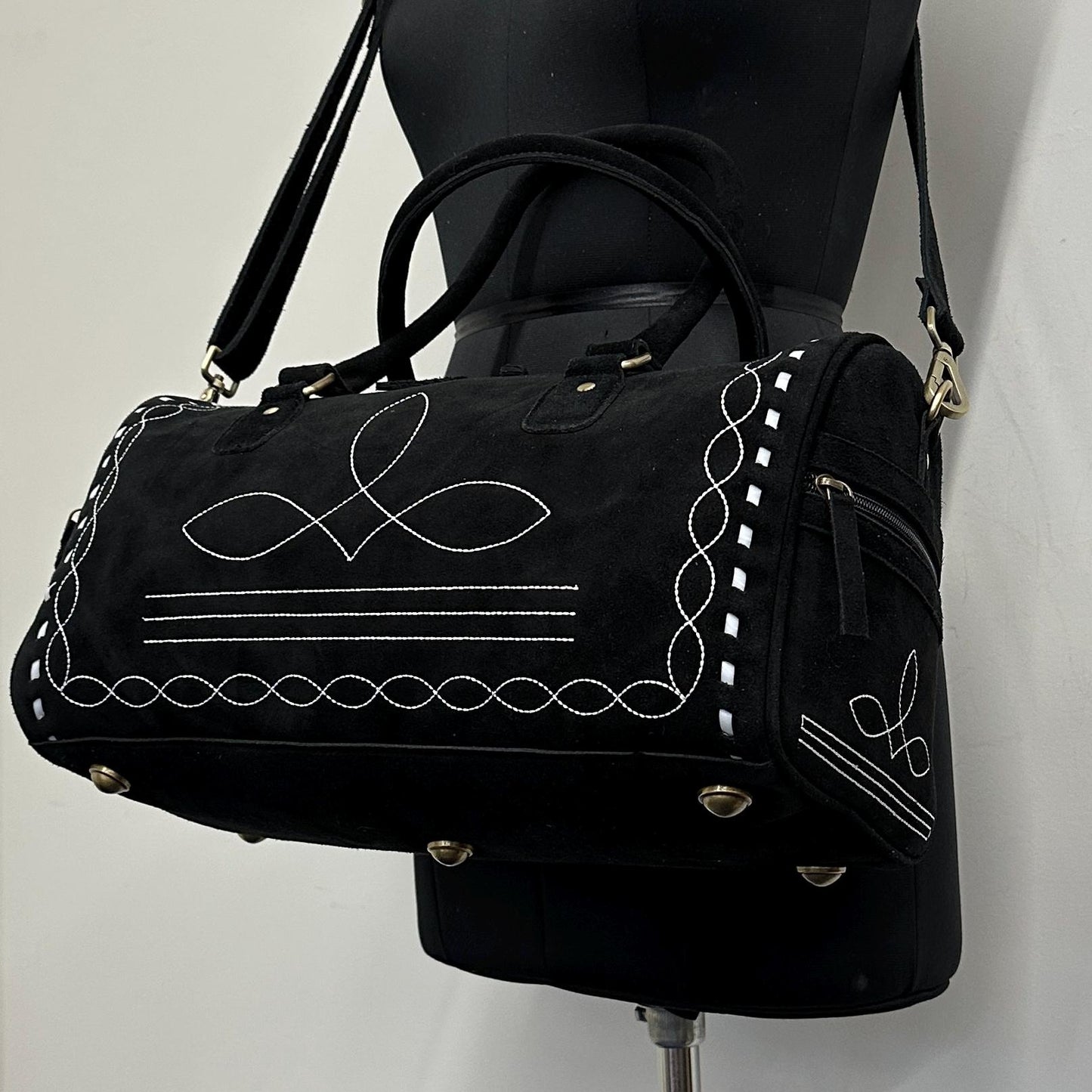 Western Boot Stitch Suede Duffle Bag: Overnight Gym Travel - JayKayBoutiqueOnline