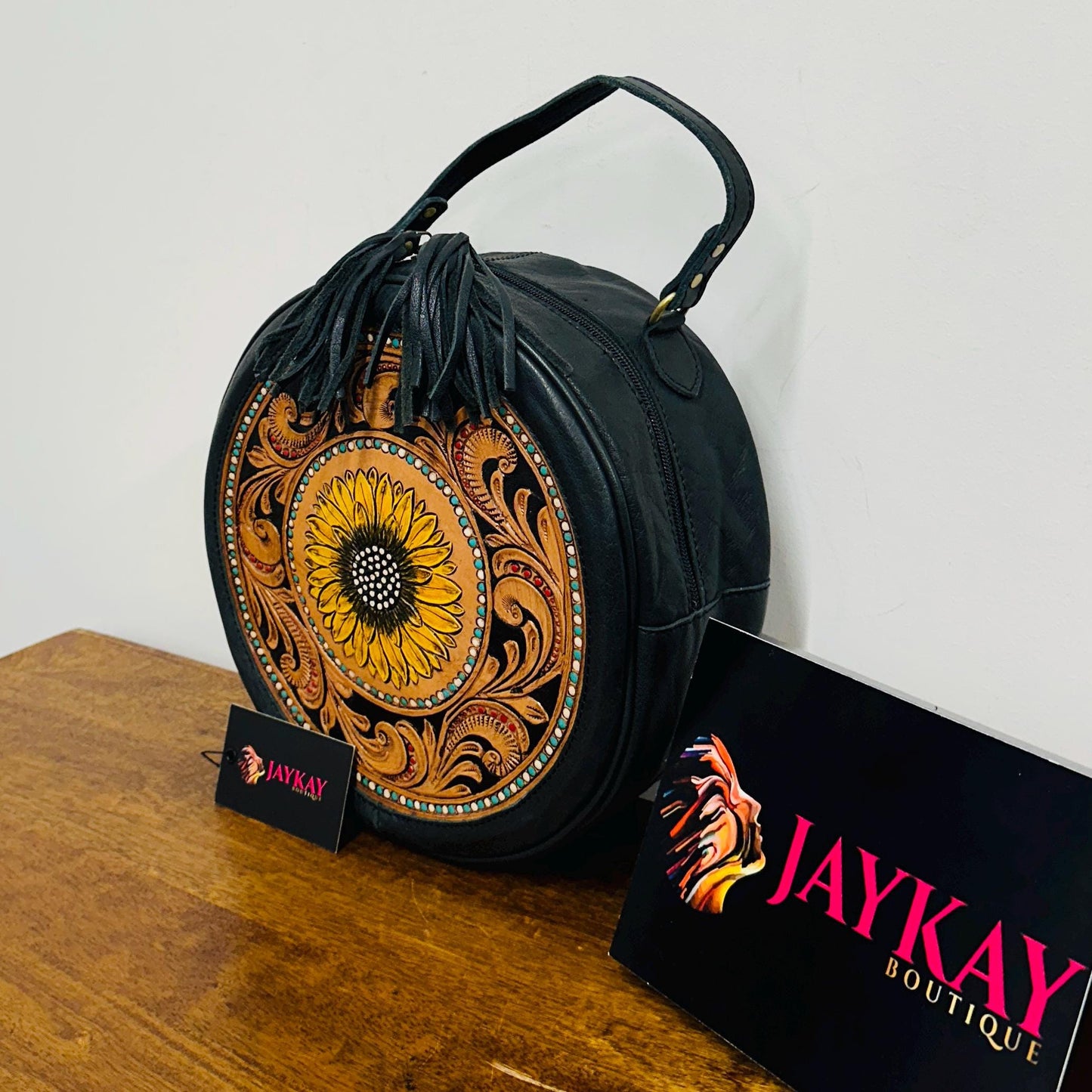 Hand Tooled Leather Sunflower Round Bag - JayKayBoutiqueOnline
