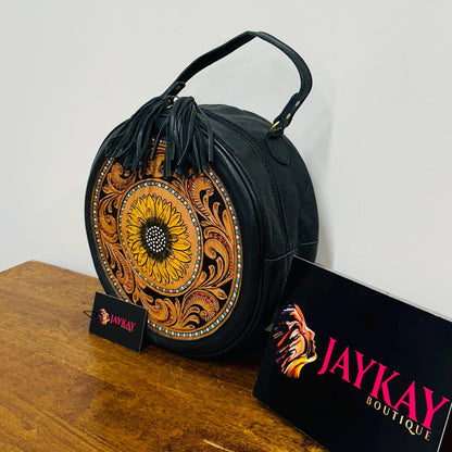 Hand Tooled Leather Sunflower Round Bag - JayKayBoutiqueOnline
