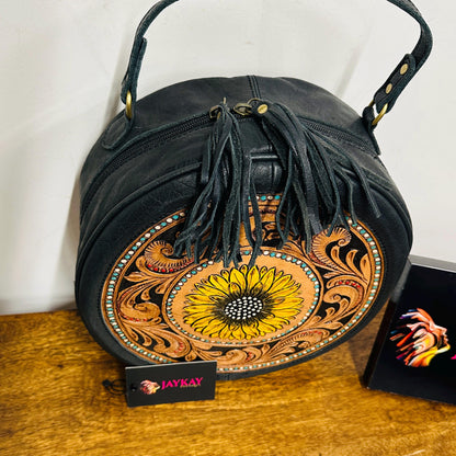 Round Leather Sunflower Bag - JayKayBoutiqueOnline