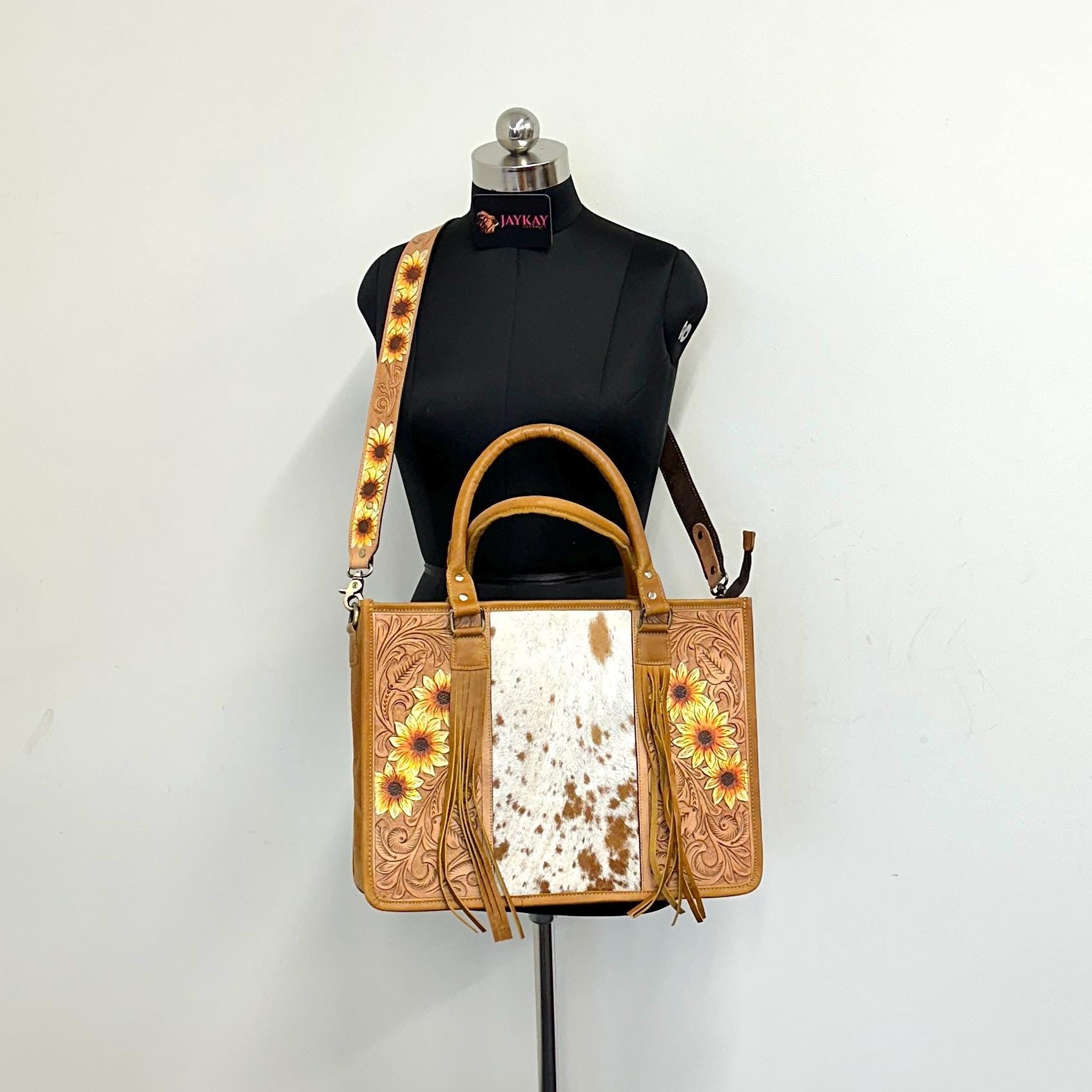 Leather Tote Sunflower hand tooled with hair on - JayKayBoutiqueOnline