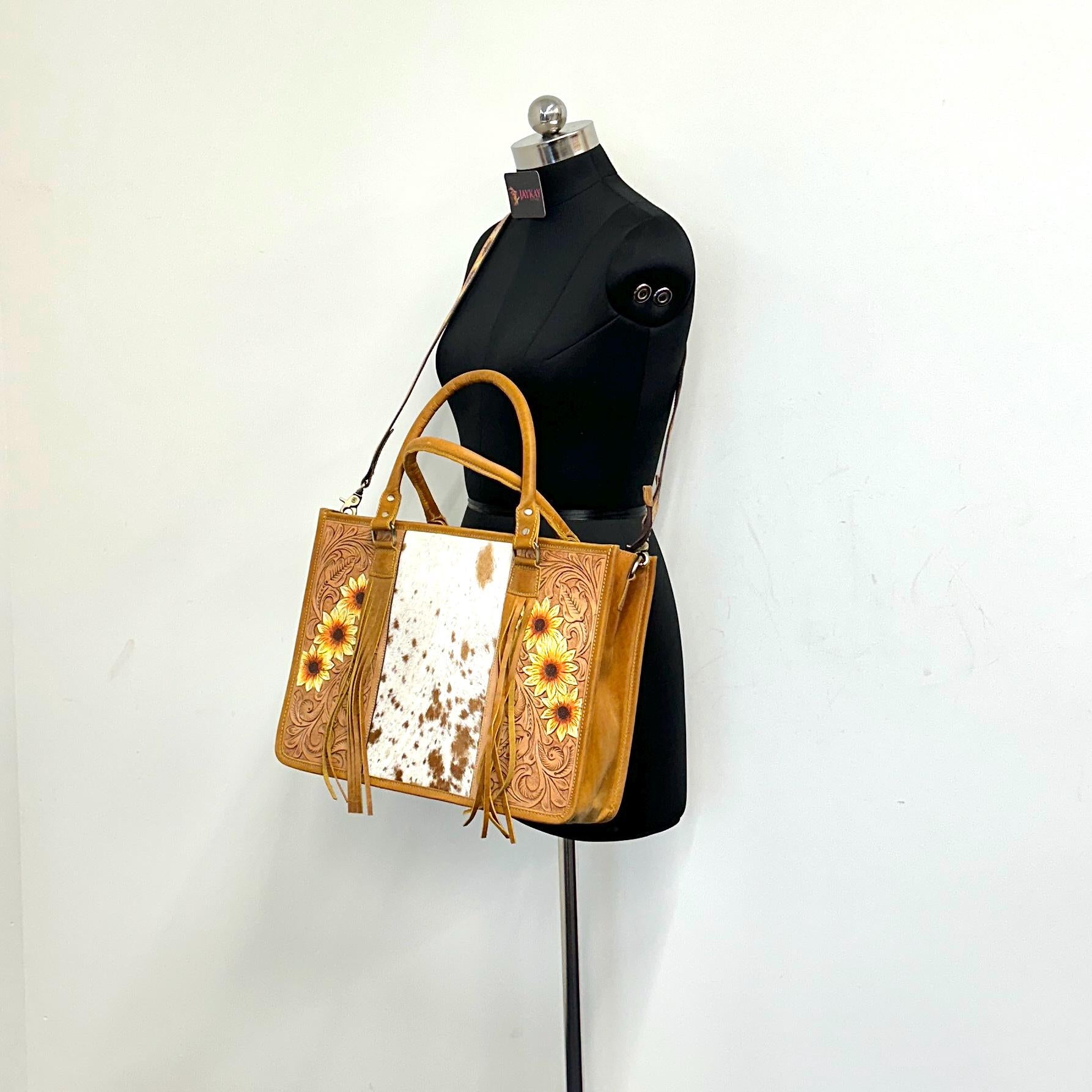 Leather Tote Sunflower hand tooled with hair on - JayKayBoutiqueOnline