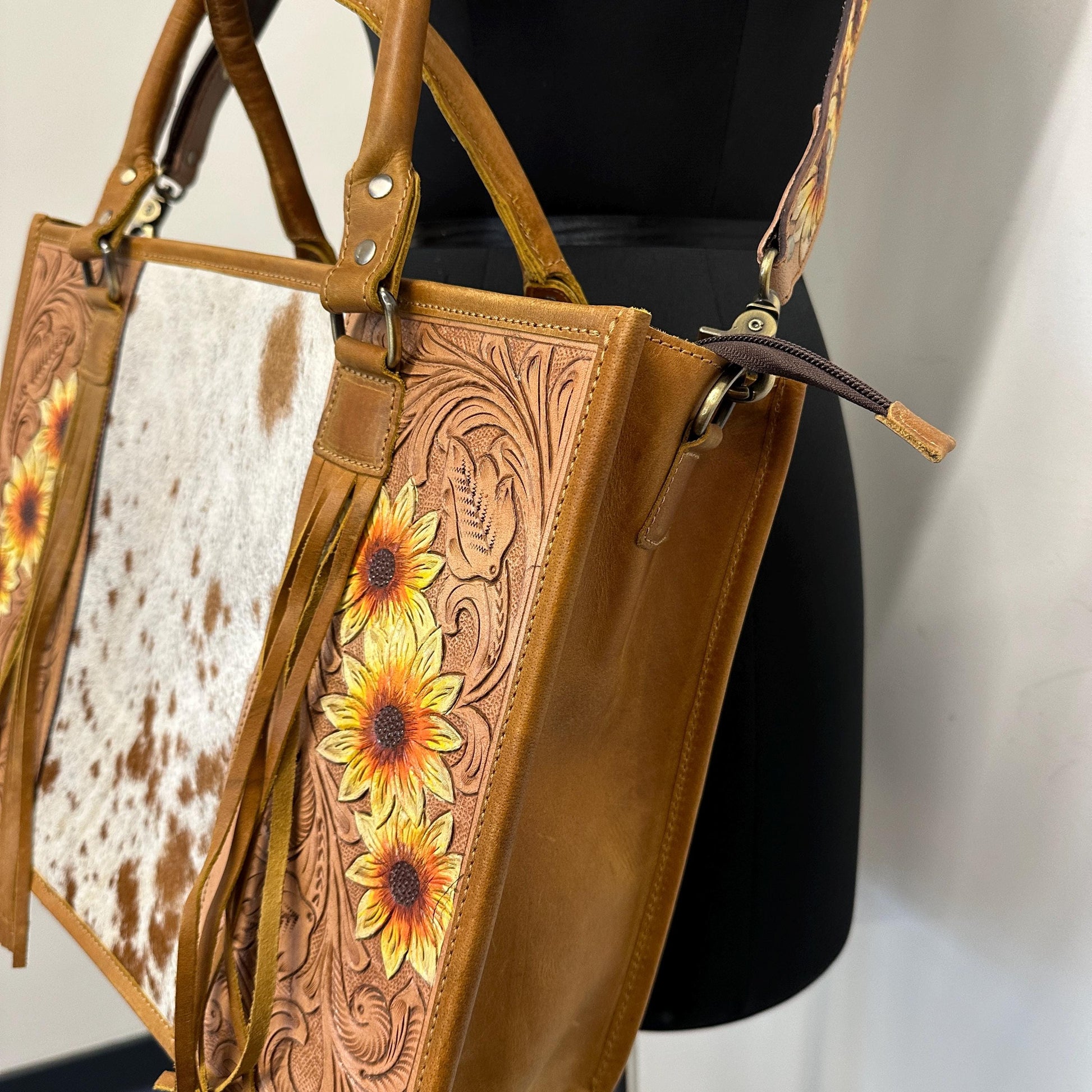Hand Tooled Leather Tote Bag with Cowhide - JayKayBoutiqueOnline
