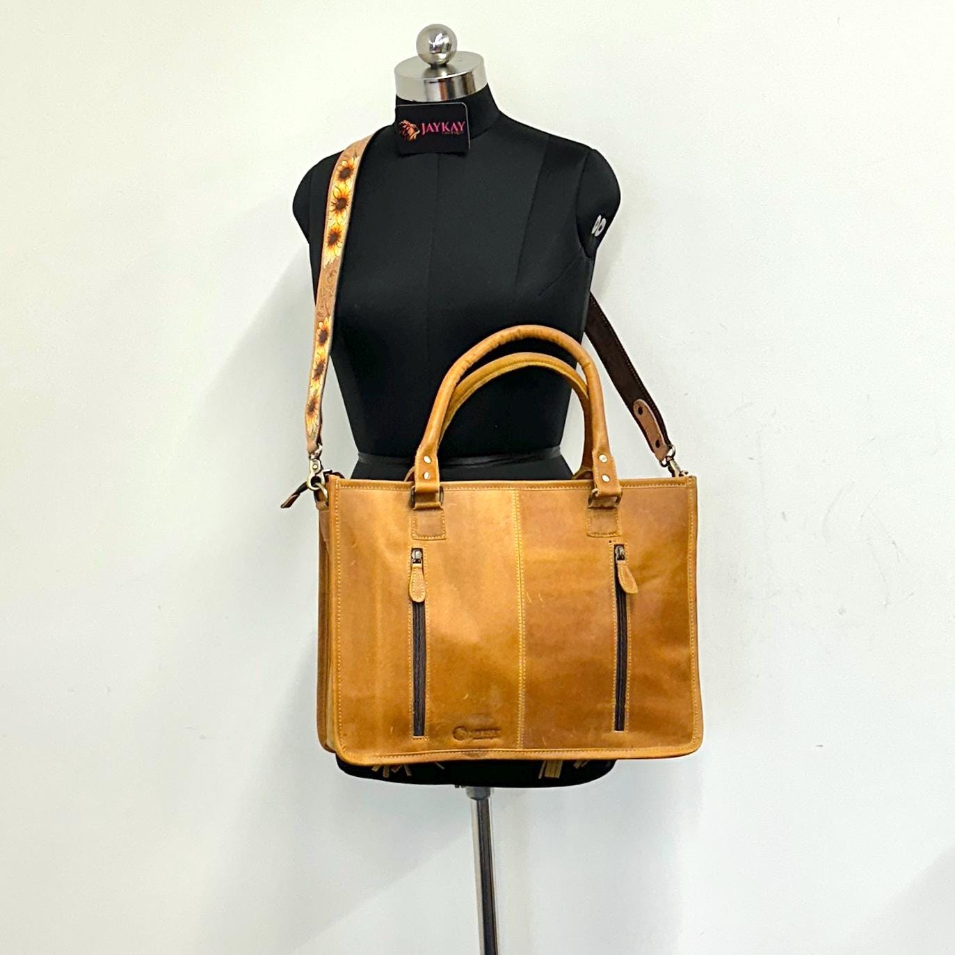 Leather Tote Sunflower hand tooled with hair on - JayKayBoutiqueOnline