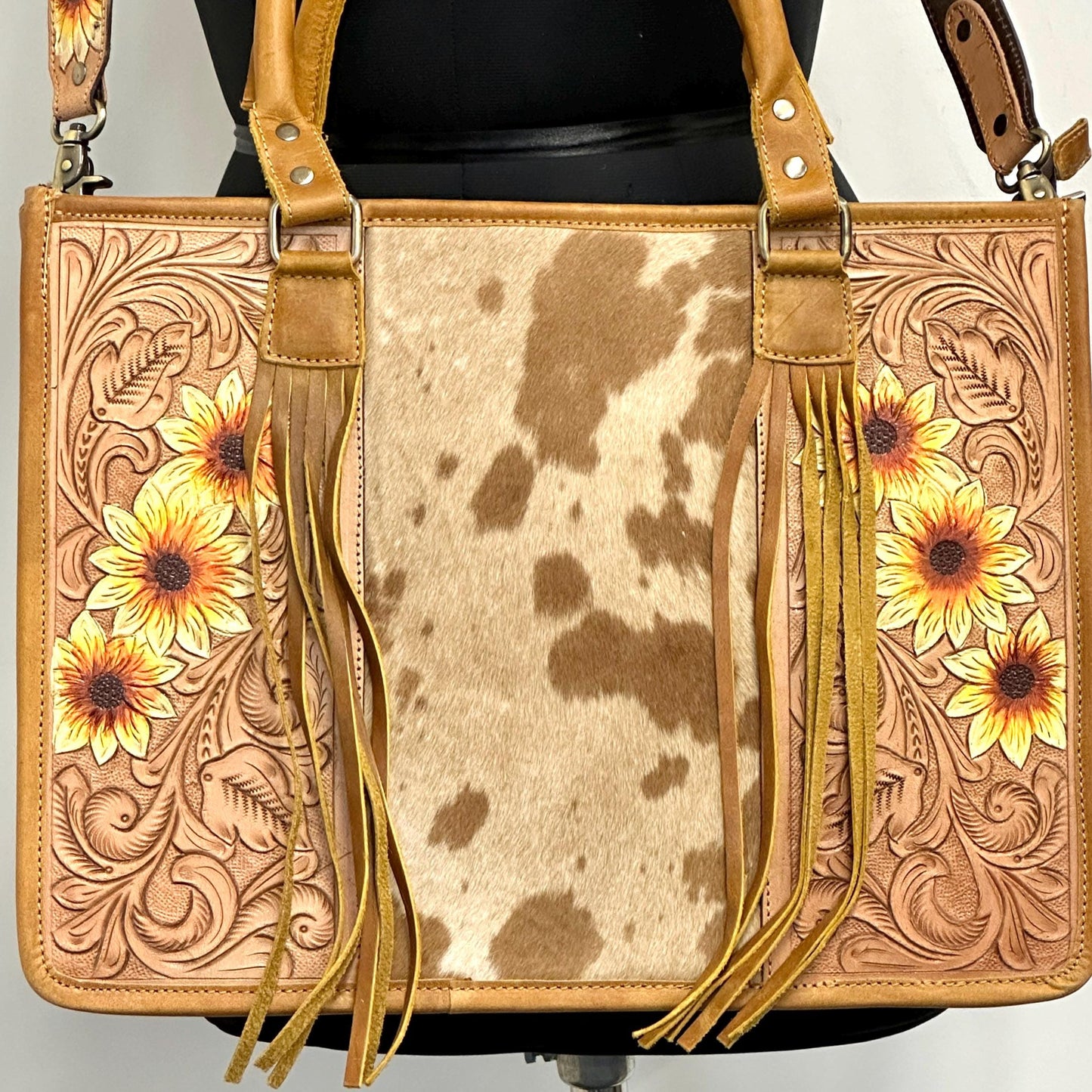 Hand Tooled Leather Tote Bag with Cowhide - JayKayBoutiqueOnline