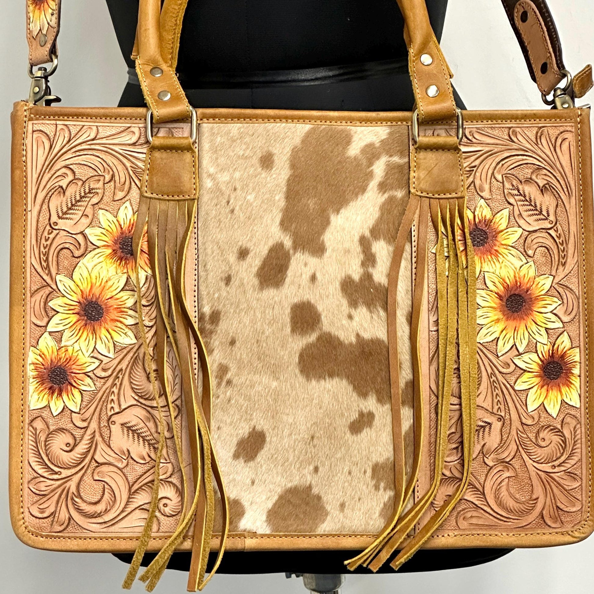 Leather Tote Sunflower hand tooled with hair on - JayKayBoutiqueOnline