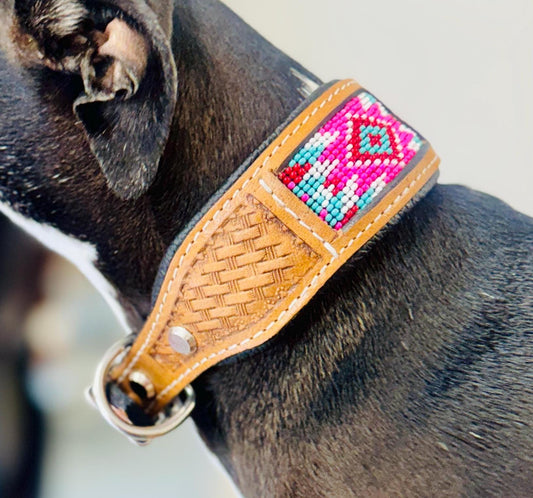 Beaded Leather Beaded Dog Collar with Hand Tooled Design - JayKayBoutiqueOnline