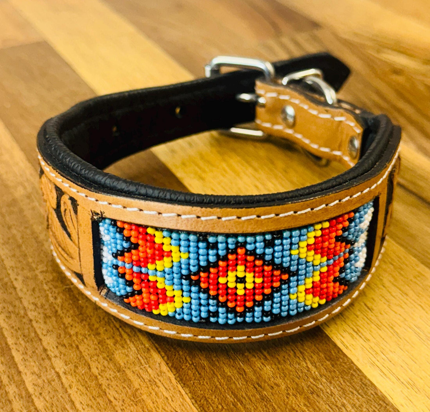 Beaded Leather Beaded Dog Collar with Hand Tooled Design - JayKayBoutiqueOnline