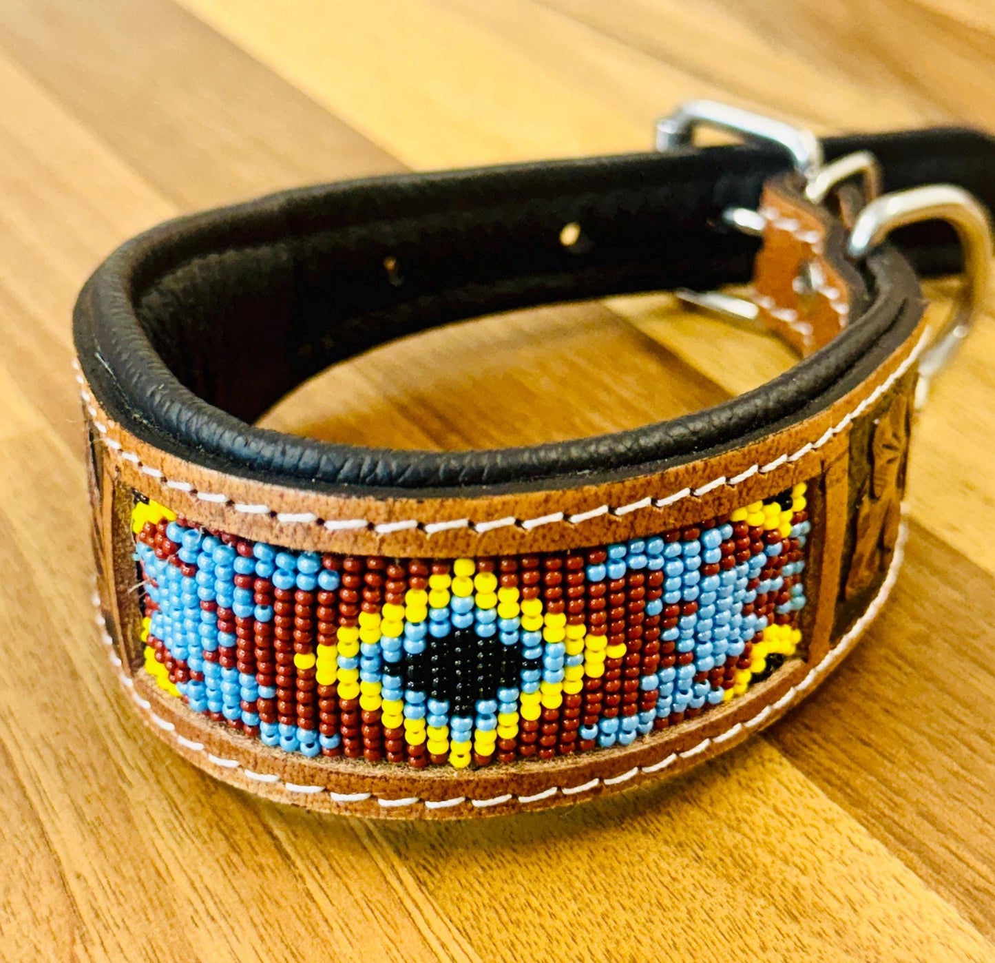 Beaded Leather Beaded Dog Collar with Hand Tooled Design - JayKayBoutiqueOnline