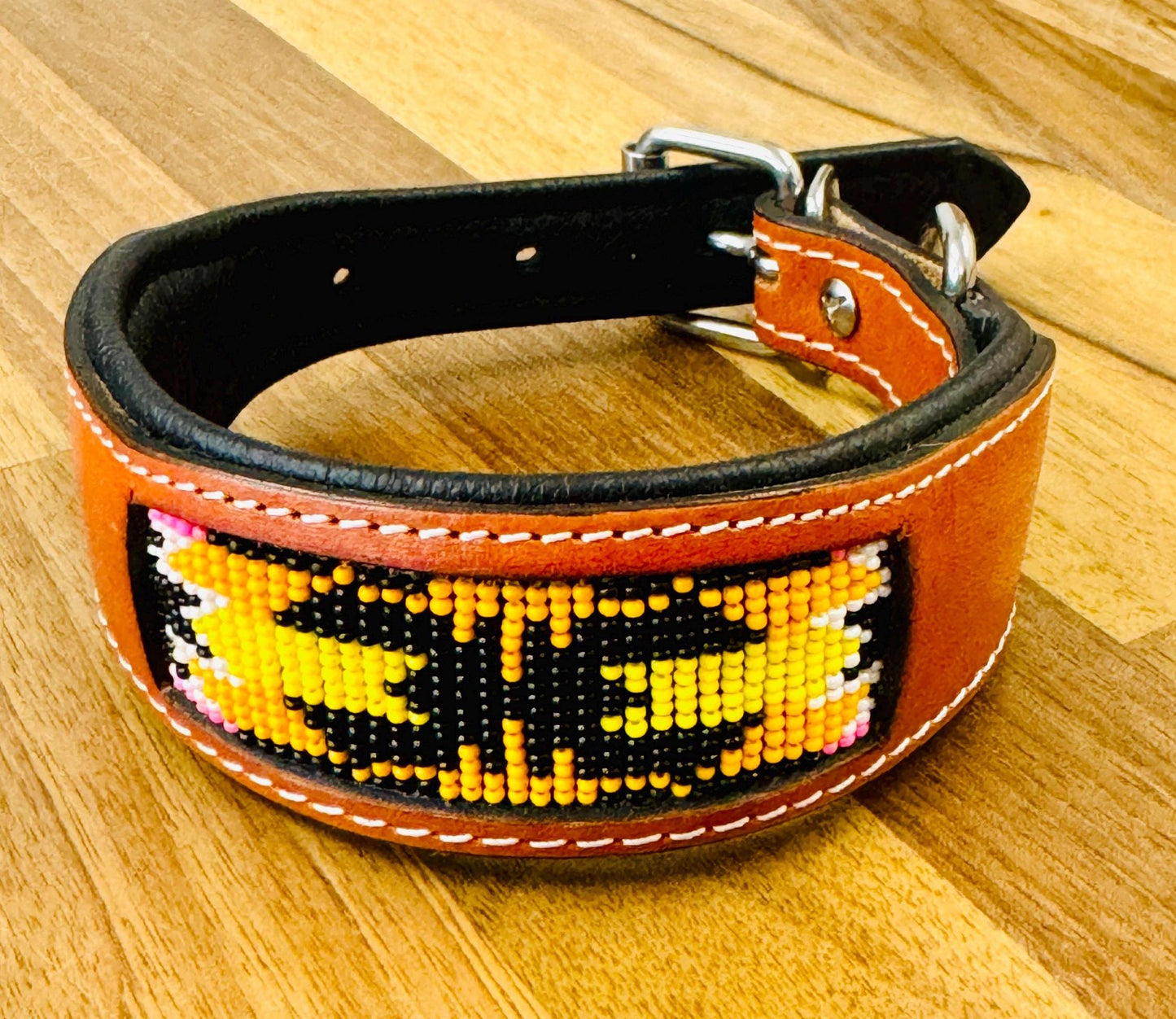 Beaded Leather Beaded Dog Collar with Hand Tooled Design - JayKayBoutiqueOnline
