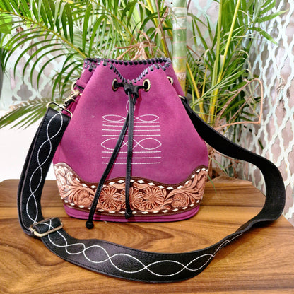 Hand Tooled Leather and Suede Bucket Bag - JayKayBoutiqueOnline