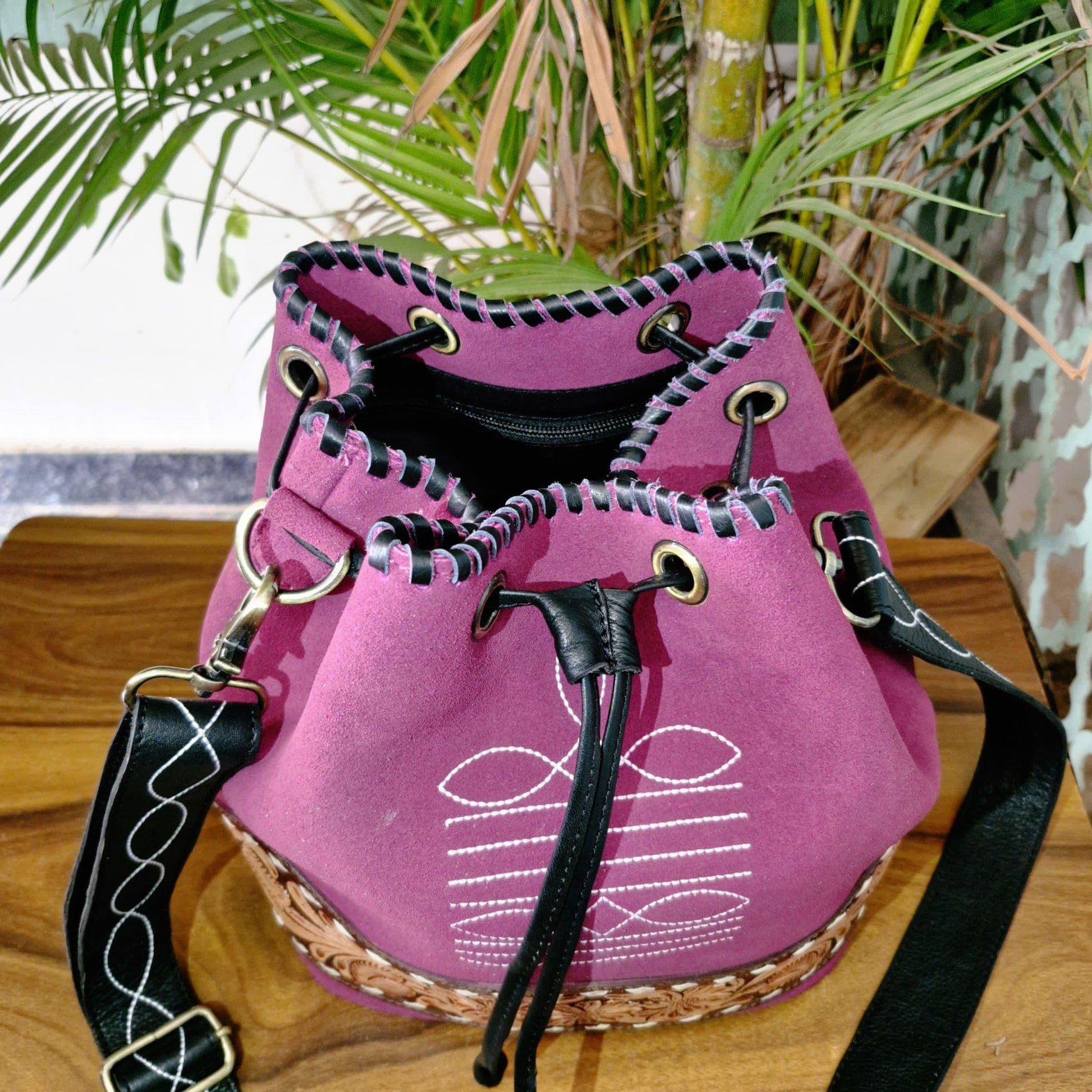 Hand Tooled Leather and Suede Bucket Bag - JayKayBoutiqueOnline