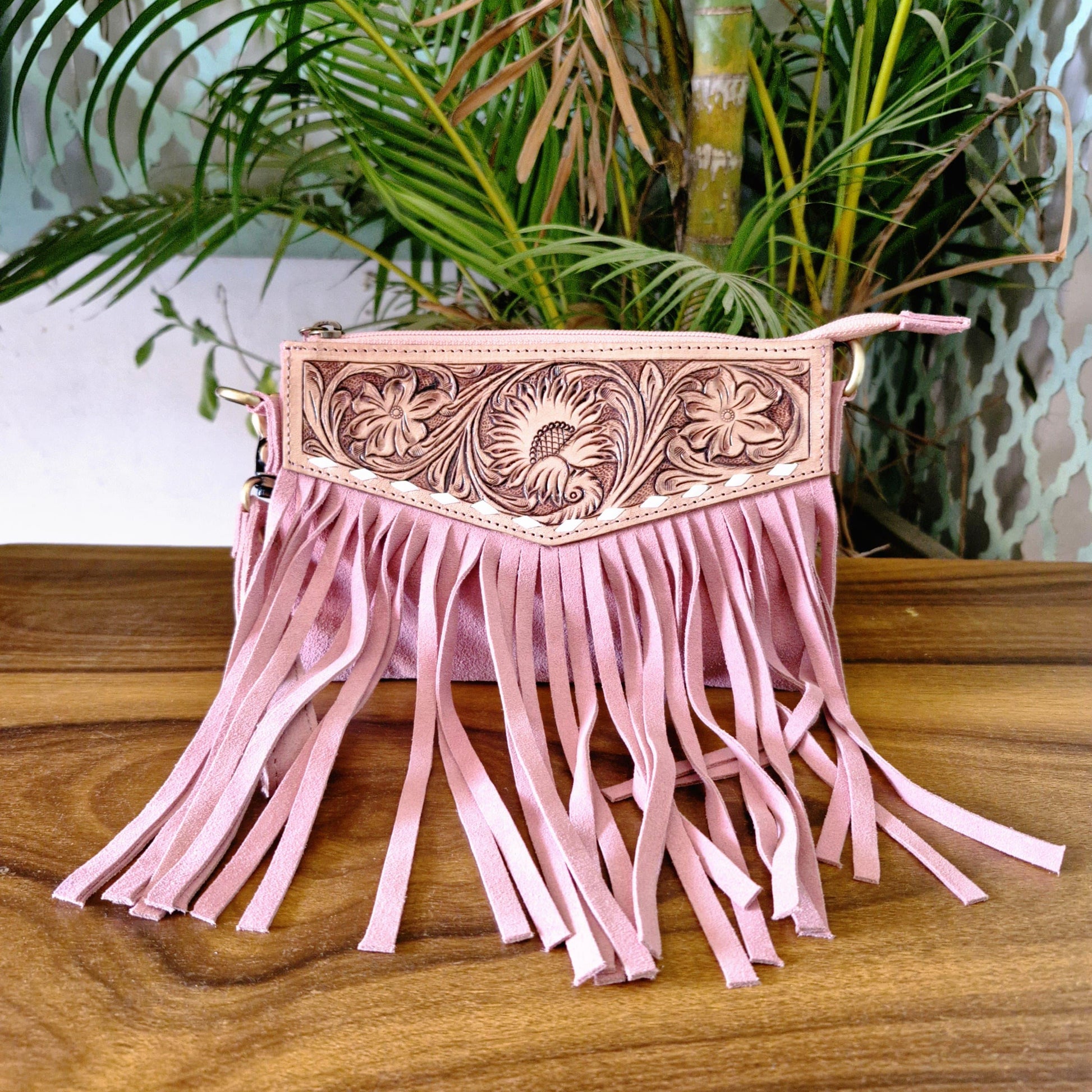 Hand Carved Leather and Suede Fringed Crossbody Wrist Clutch Bag - JayKayBoutiqueOnline