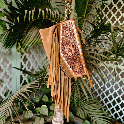 Hand Carved Leather and Suede Fringed Crossbody Wrist Clutch Bag - JayKayBoutiqueOnline