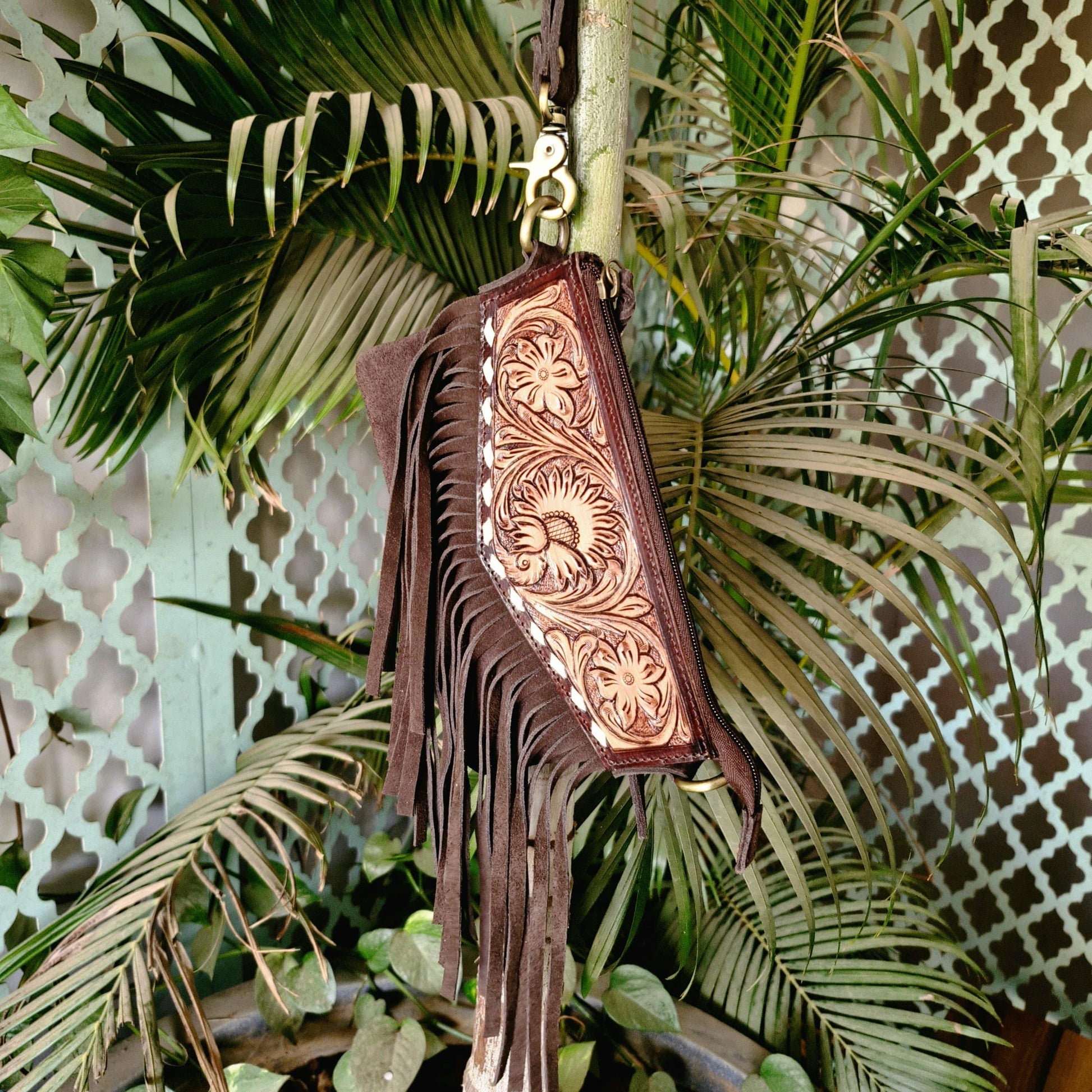 Hand Carved Leather and Suede Fringed Crossbody Wrist Clutch Bag - JayKayBoutiqueOnline