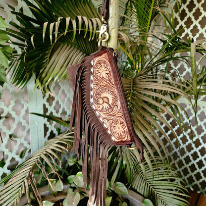 Hand Carved Leather and Suede Fringed Crossbody Wrist Clutch Bag - JayKayBoutiqueOnline