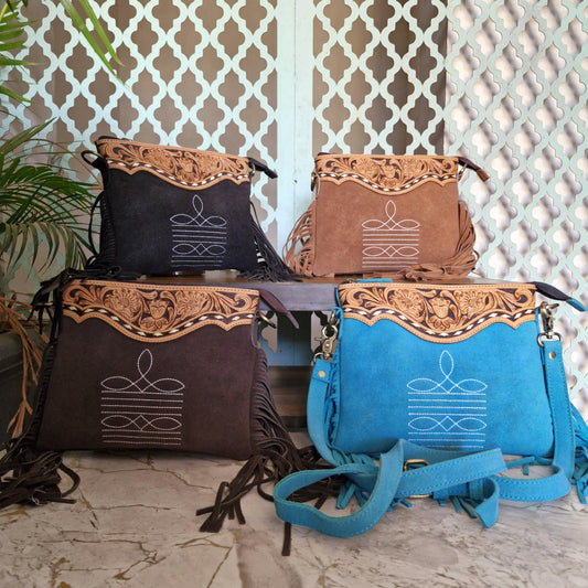 Hand Tooled Suede Crossbody Bag: Western Fringe Purse - JayKayBoutiqueOnline