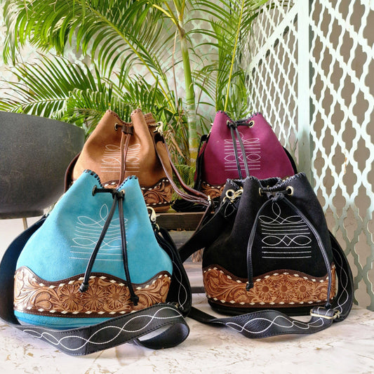 Hand Tooled Leather and Suede Bucket Bag - JayKayBoutiqueOnline