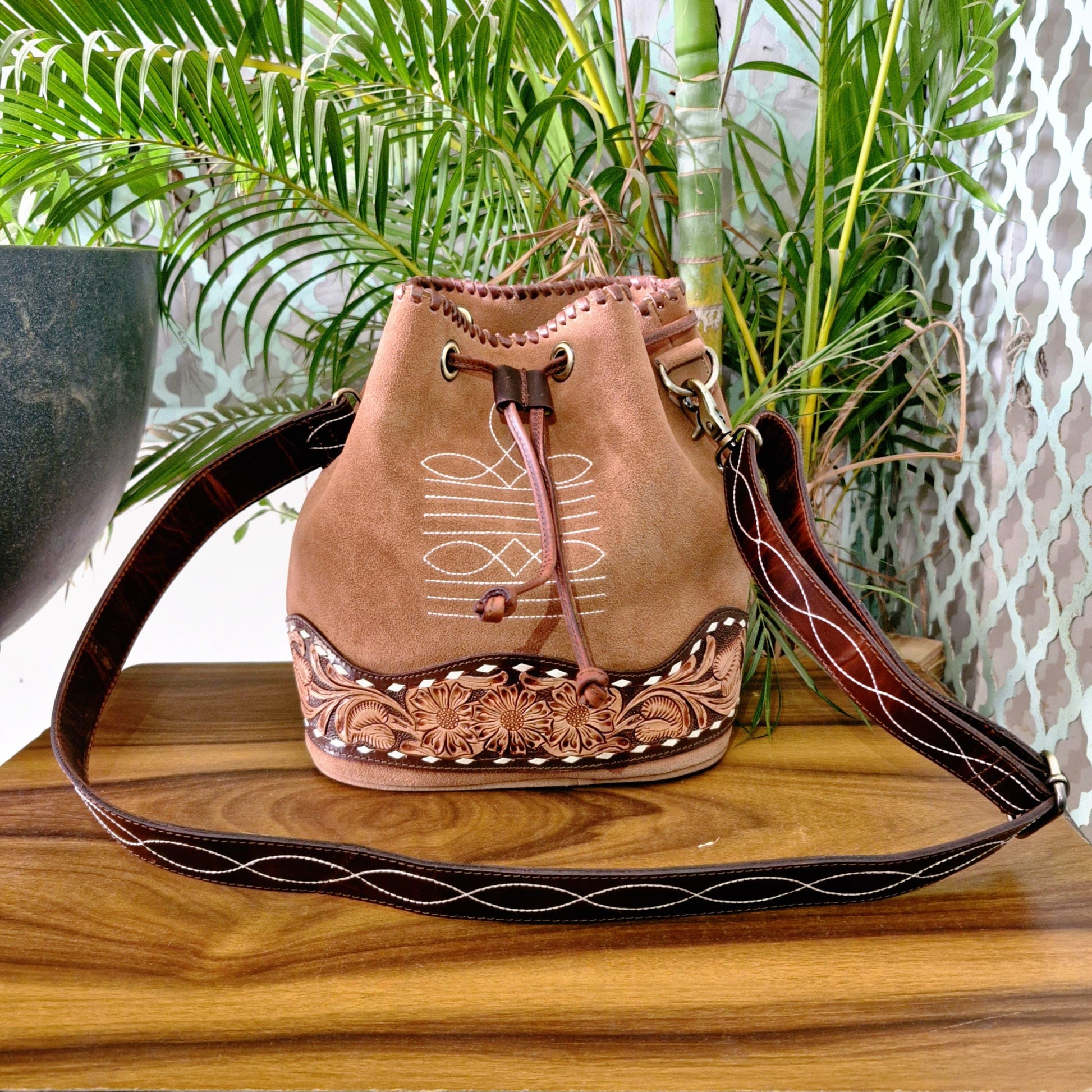 Hand Tooled Leather and Suede Bucket Bag - JayKayBoutiqueOnline
