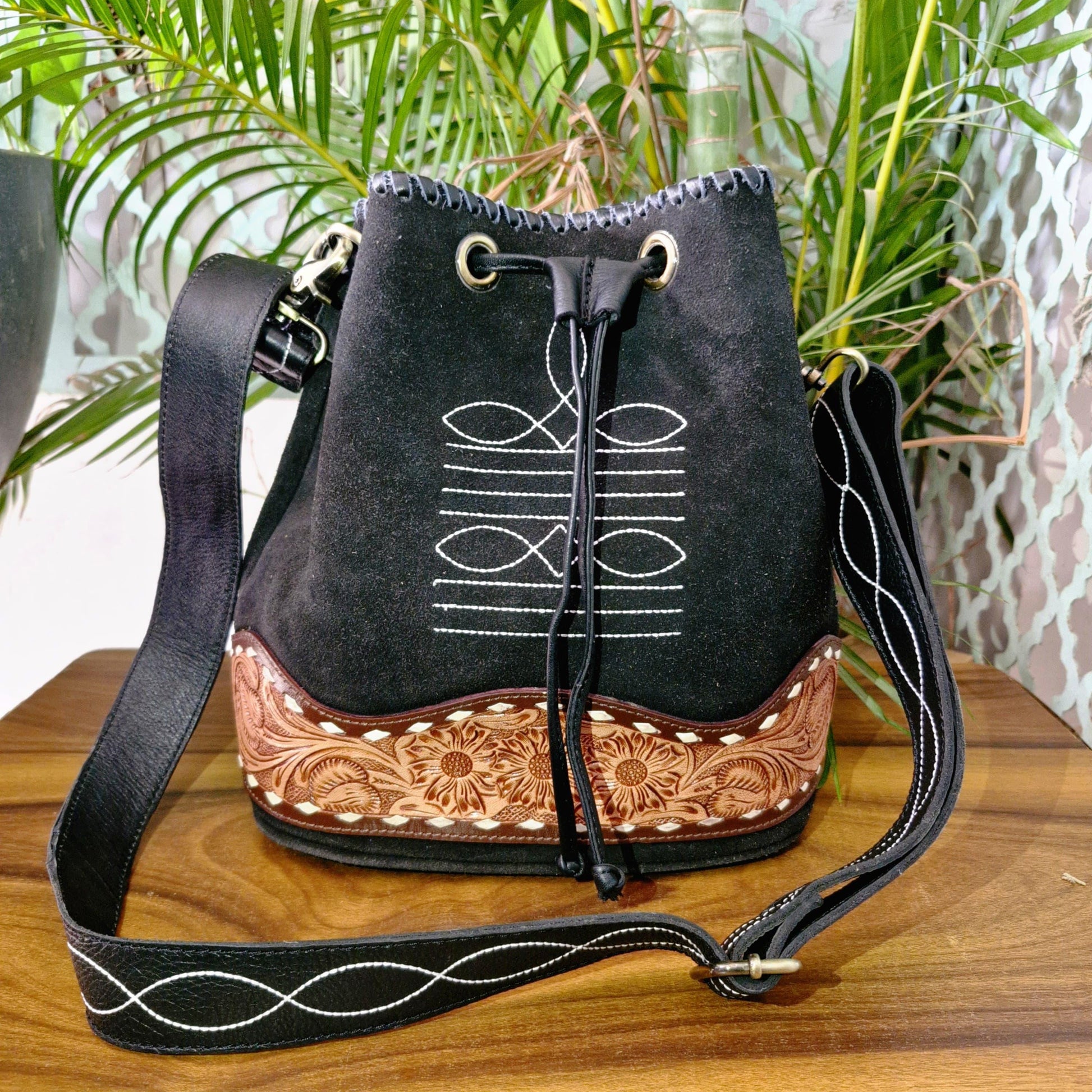 Hand Tooled Leather and Suede Bucket Bag - JayKayBoutiqueOnline