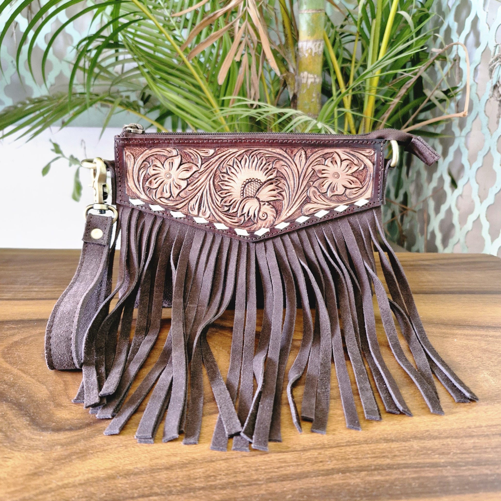 Hand Carved Leather and Suede Fringed Crossbody Wrist Clutch Bag - JayKayBoutiqueOnline