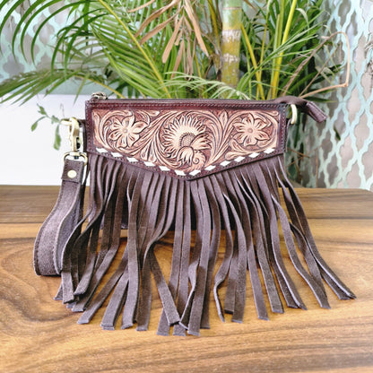 Hand Carved Leather and Suede Fringed Crossbody Wrist Clutch Bag - JayKayBoutiqueOnline