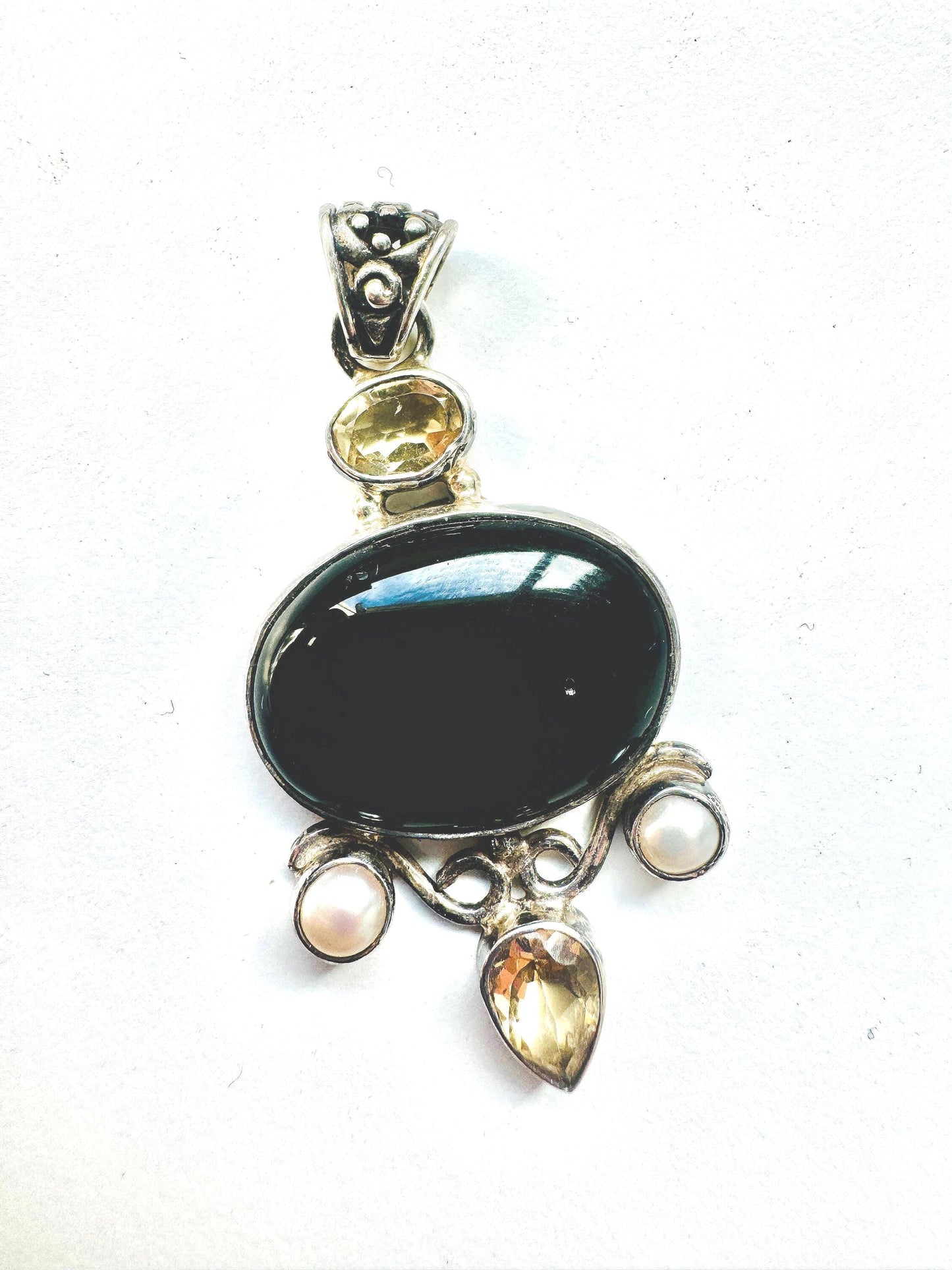 Black Onyx oval with Yellow Topaz and Natural Pearl Gemstones Hand Crafted 925 Silver Pendant | - JayKayBoutiqueOnline