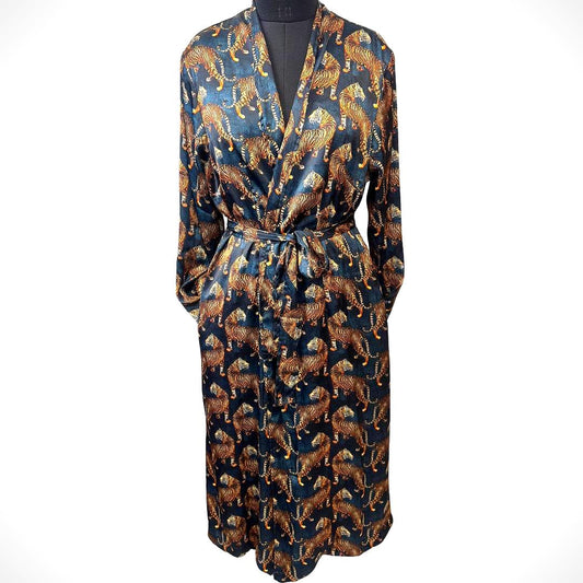 Tiger Print Satin Reversible Long Coat Robe Gown Cover Up - JayKayBoutiqueOnline