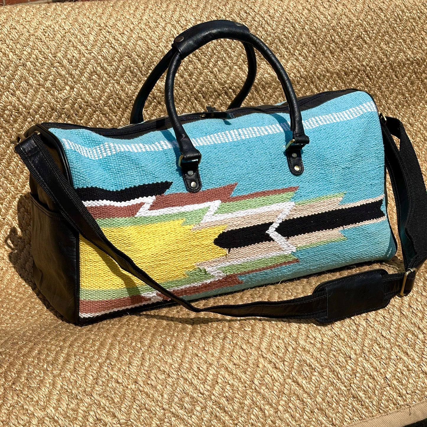 Hemp Carpet & Leather Duffel Bag: Boho Weekender, Gym Bag - JayKayBoutiqueOnline