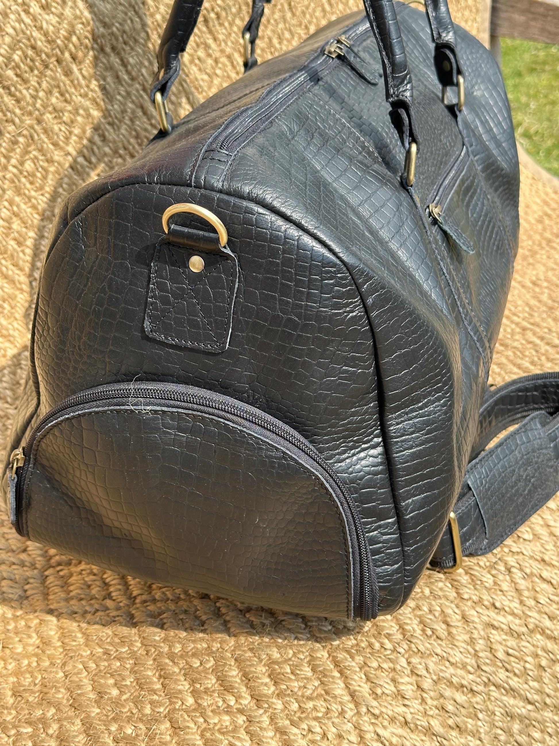 Black Leather Duffel Bag with Snake Skin Effect - JayKayBoutiqueOnline